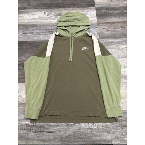 Nike Olive Green Cream Mens M Pullover Swoosh‎ Embroidered Color Block Hoodie - Picture 2 of 7